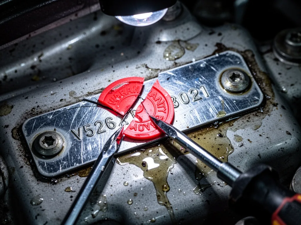 Close-up of a red plastic warranty seal broken across a scratched engine VIN plate, oily metal surface, screwdriver tip,