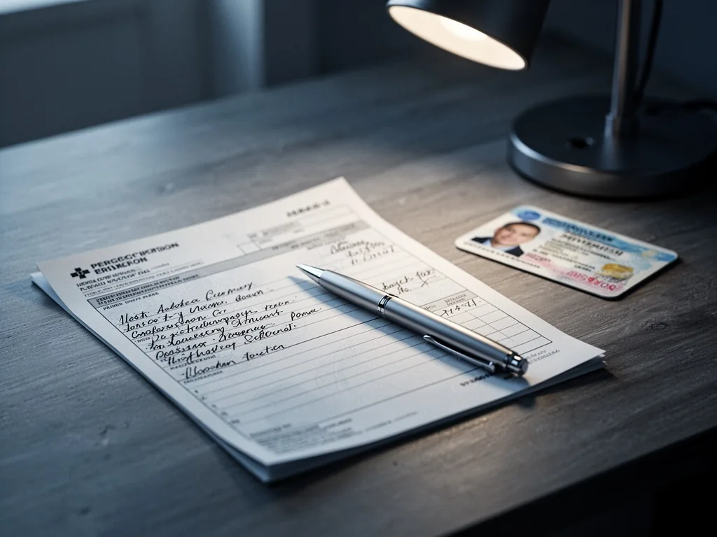 A medical prescription pad with handwritten script, a silver pen resting diagonally, a blurred driver's license beside i