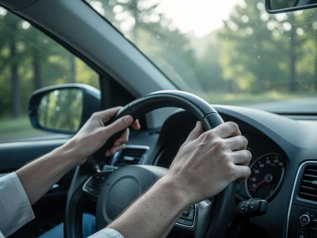 A pair of hands gently gripping a car steering wheel, soft morning light streaming through windshield, blurred green tre