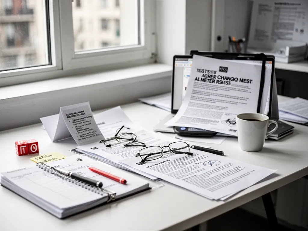 Personne prenant des notes devant un écran affichant un test d'orientation, tasse de café à côté
